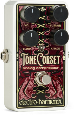 Electro-Harmonix Tone Corset analog compressor pedal featuring four control knobs for detailed compression shaping, warm analog circuitry, smooth sustain, and expressive dynamic response.