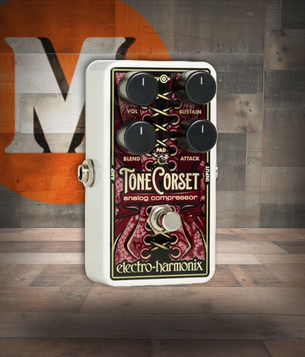 Electro-Harmonix Tone Corset analog compressor pedal featuring four control knobs for detailed compression shaping, warm analog circuitry, smooth sustain, and expressive dynamic response.