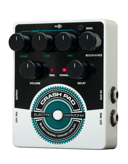 Electro-Harmonix Crash Pad analog electronic crash drum featuring explosive percussion tones, resonant filtering, trigger input capability, and rugged EHX construction for creative sound design.