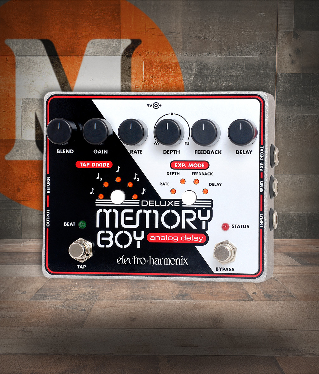 Electro-Harmonix Deluxe Memory Boy analog delay pedal featuring bucket-brigade circuitry, tap tempo, modulation controls, expression input, and rich vintage-style delay textures.
