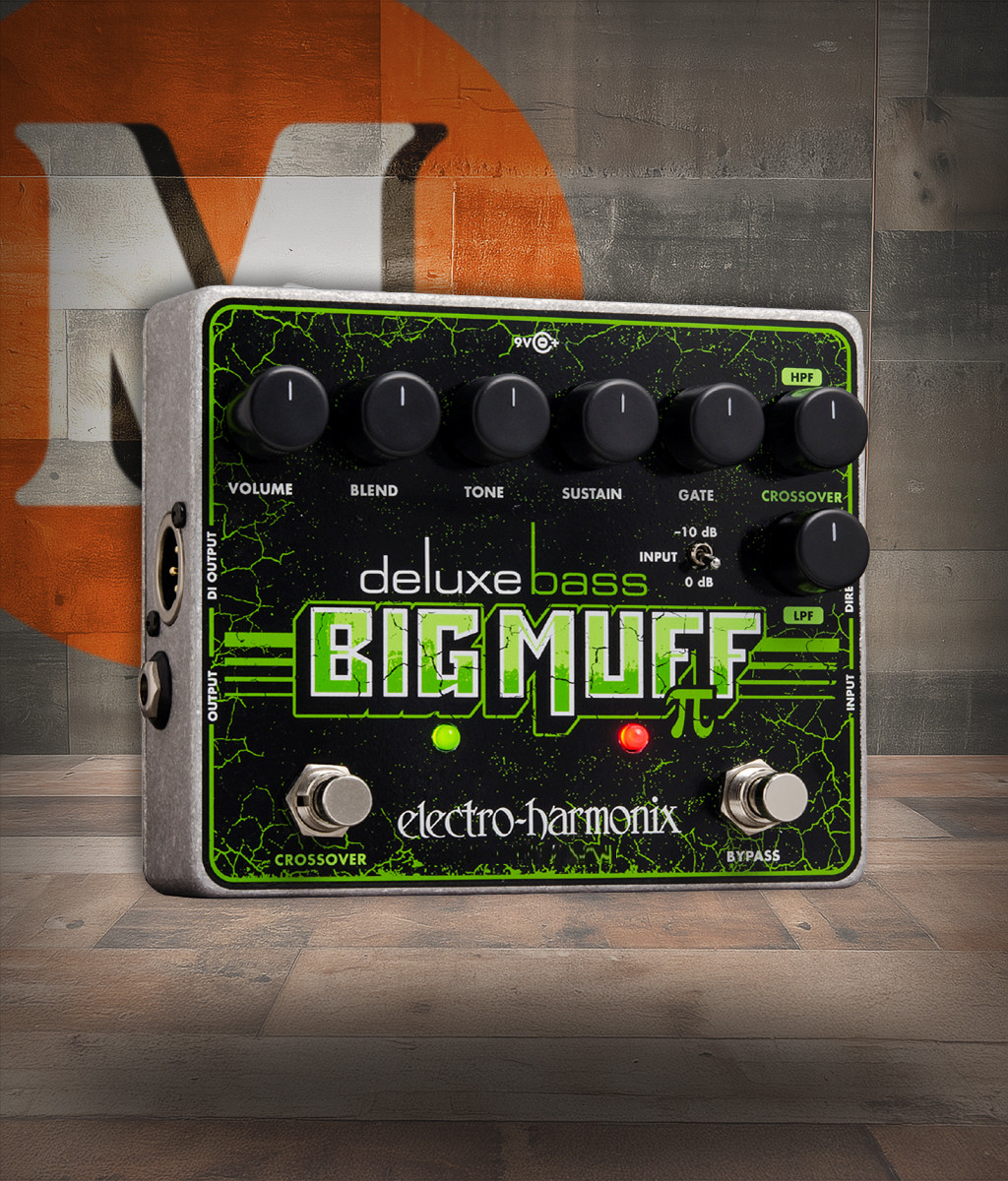 Electro-Harmonix Deluxe Bass Big Muff Pi pedal featuring expanded EQ, crossover control, built-in noise gate, blend knob for retaining low-end clarity, and the iconic Big Muff fuzz tailored for bass.