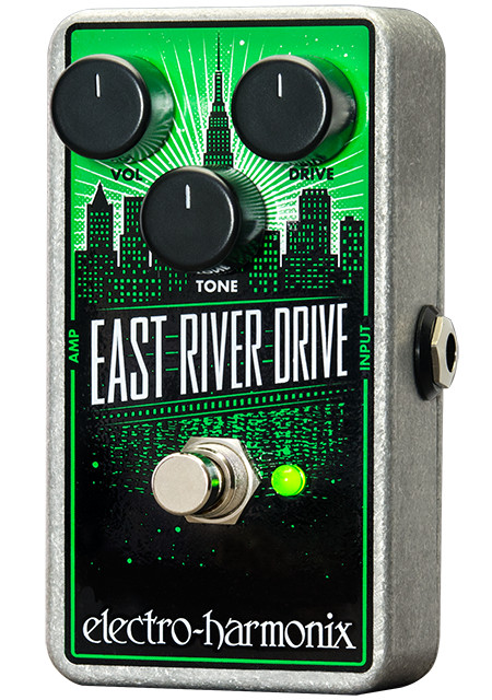 Electro-Harmonix East River Drive pedal featuring tube-style overdrive tones, responsive gain and tone controls, rugged construction, and a versatile overdrive voice suited for multiple guitar styles.