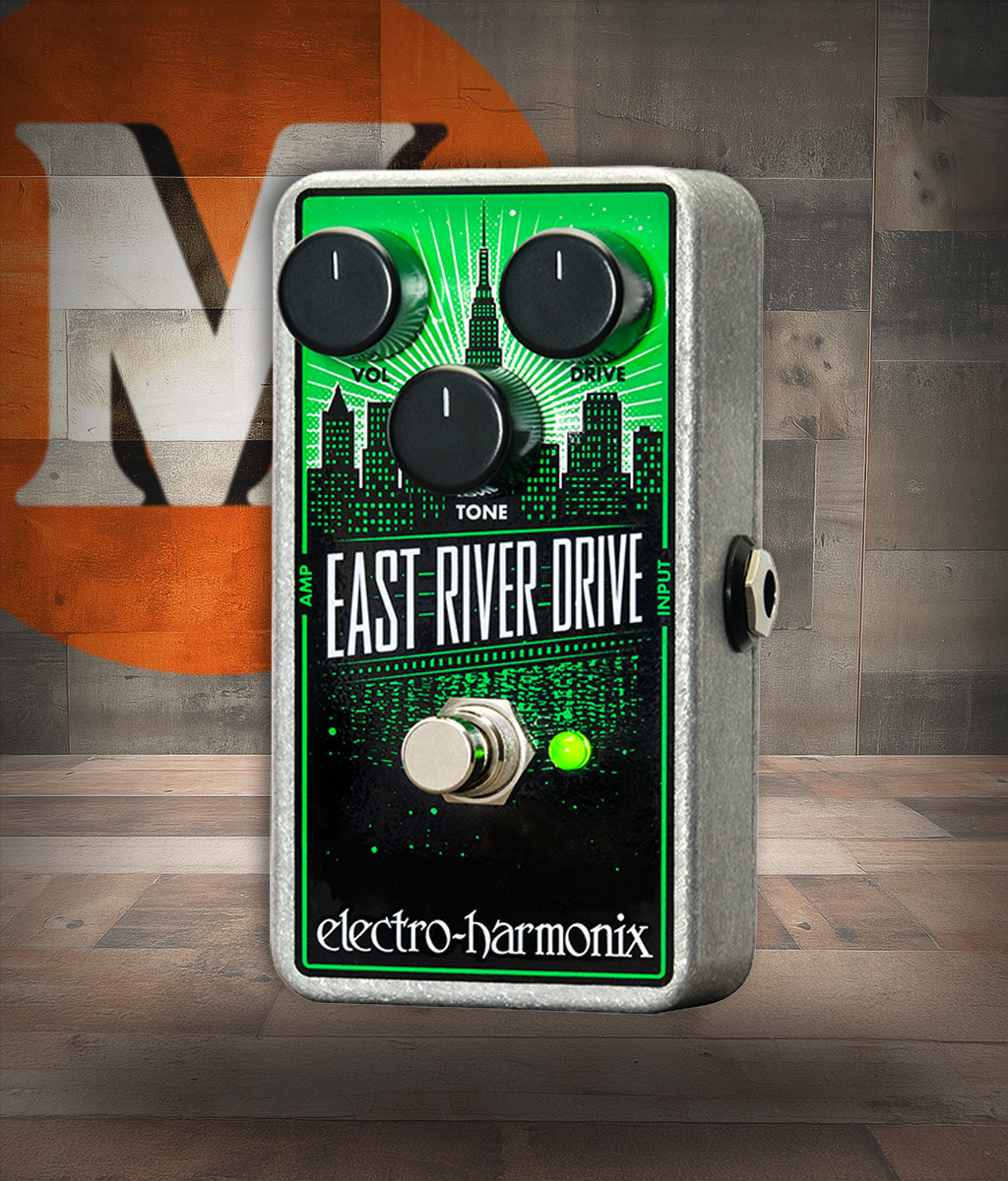 Electro-Harmonix East River Drive pedal featuring tube-style overdrive tones, responsive gain and tone controls, rugged construction, and a versatile overdrive voice suited for multiple guitar styles.