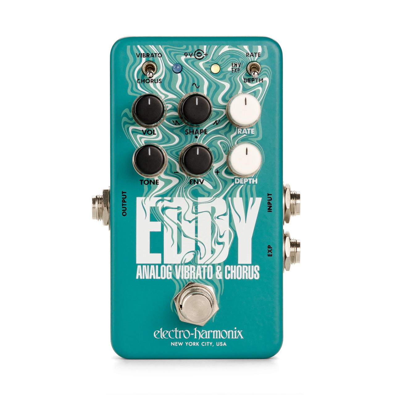 Electro-Harmonix Eddy pedal featuring analog vibrato and chorus, envelope and expression control, depth and rate adjustments, and warm modulation tones ideal for expressive guitar performance.