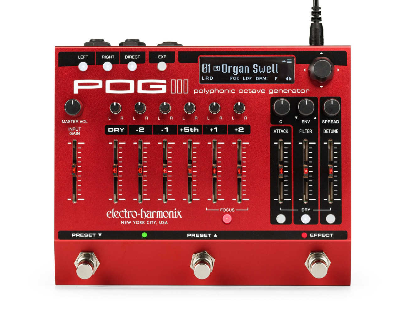 Electro-Harmonix POG3 pedal featuring multiple octave voices, polyphonic tracking, preset storage, tone and detune controls, and expressive octave layering for guitar and bass.