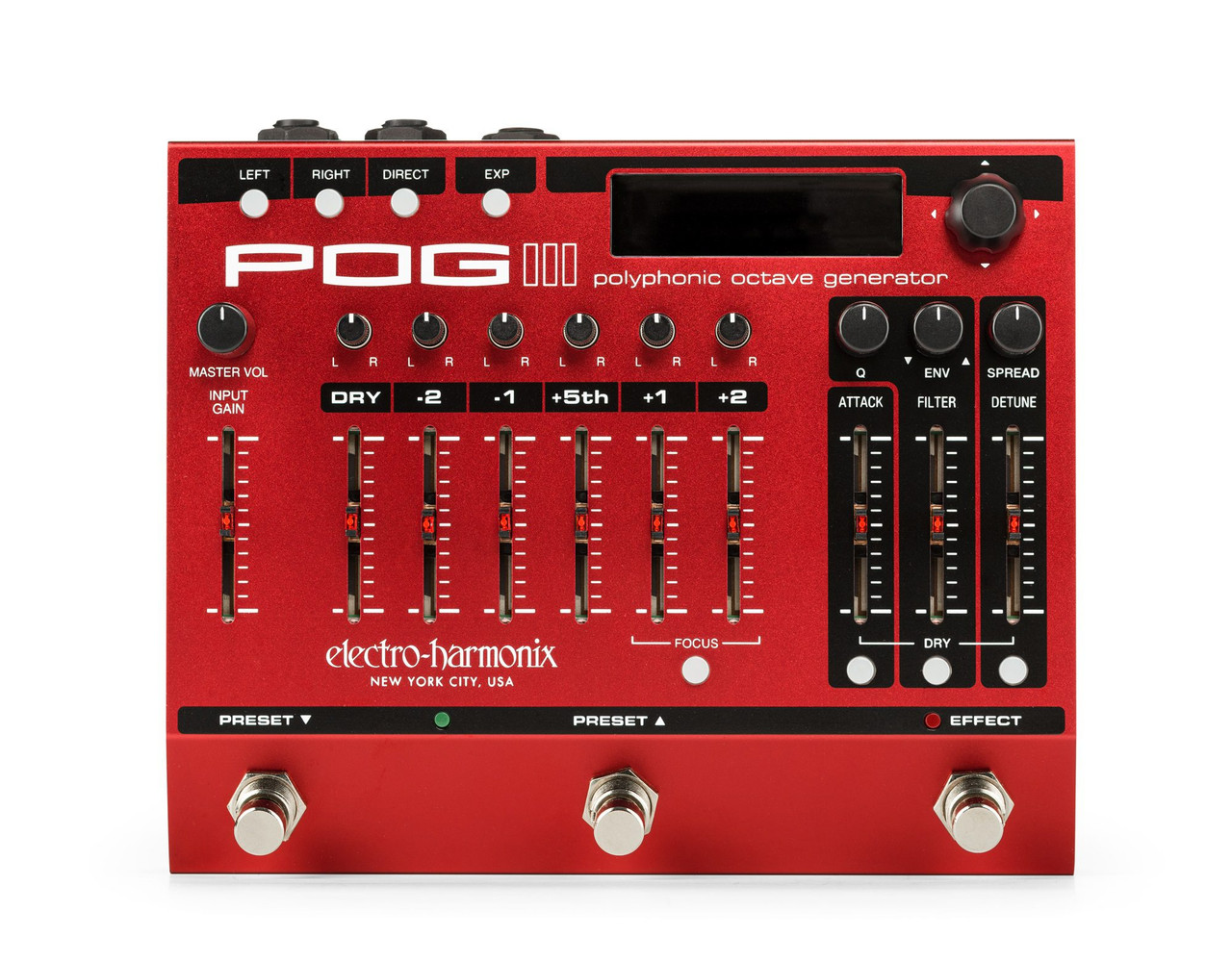 Electro-Harmonix POG3 pedal featuring multiple octave voices, polyphonic tracking, preset storage, tone and detune controls, and expressive octave layering for guitar and bass.