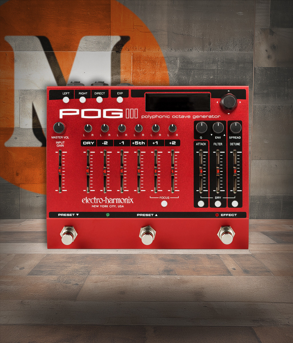Electro-Harmonix POG3 pedal featuring multiple octave voices, polyphonic tracking, preset storage, tone and detune controls, and expressive octave layering for guitar and bass.