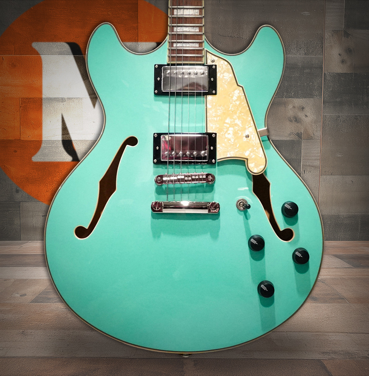 Shop the D'Angelico Premier DC Semi-Hollow Electric Guitar in Surf Green (DAPDCSGRNS) at Musician Madness. Smooth tone, modern style, fast shipping.