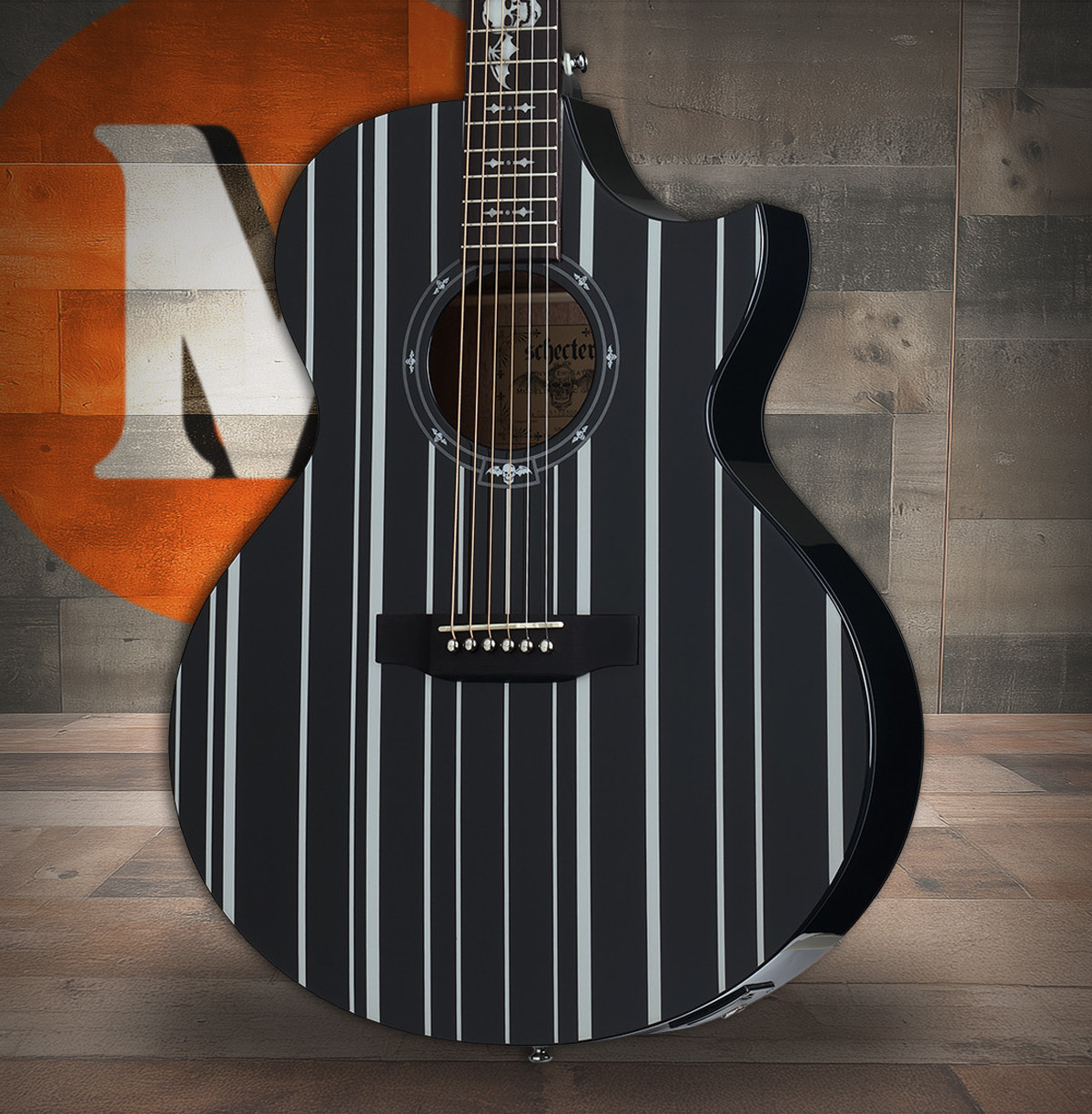 Shop the Schecter Synyster Gates Syn AC-GA SC Acoustic Guitar in Gloss Black with Silver Pinstripes (3700) at Musician Madness. Signature style, bold tone, fast shipping.