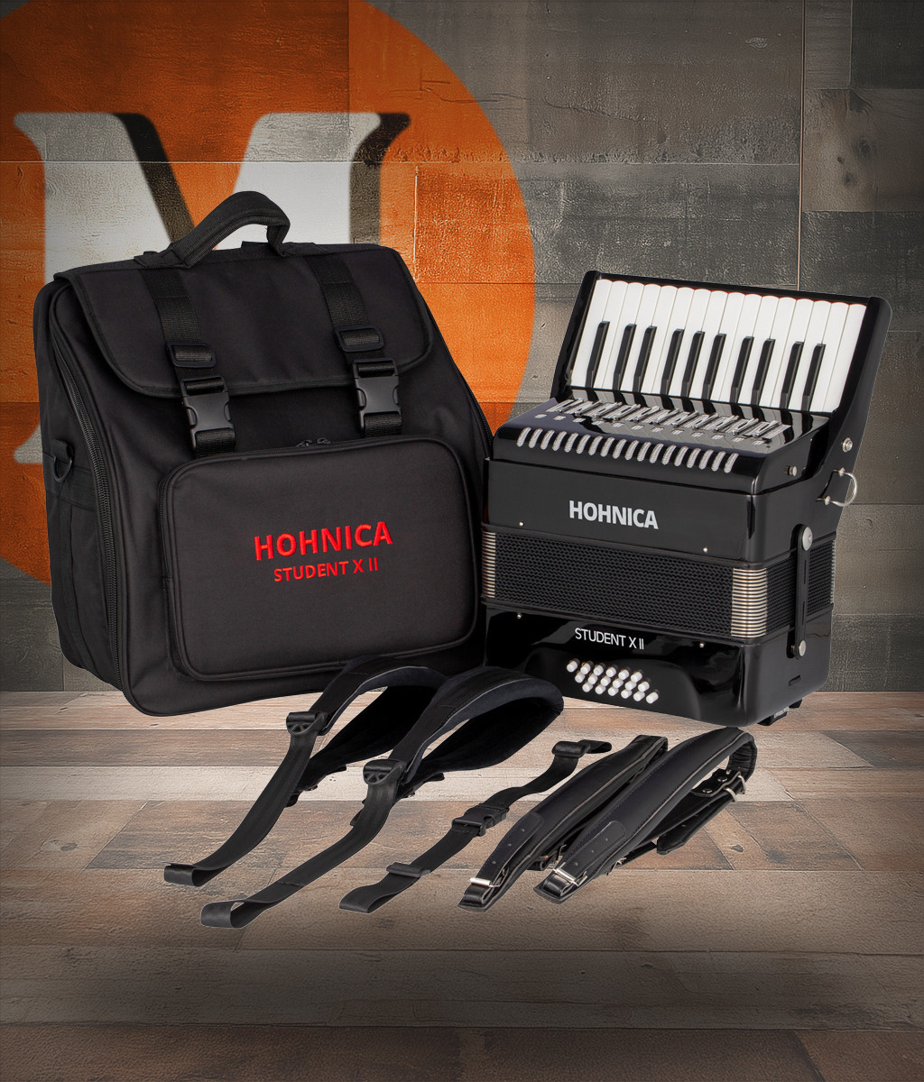 Shop the Hohnica Student II X 18-Bass Piano Accordion in Black (STUXII) at Musician Madness. Compact, beginner-friendly design with classic accordion tone.