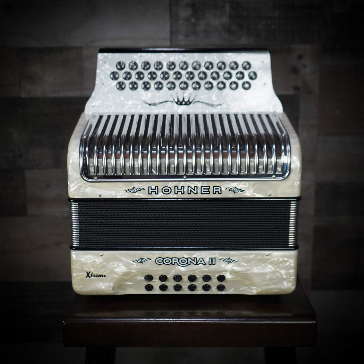 Hohner Corona II XTREME Accordion - GCF, Pearl White finish, 31-button diatonic accordion featuring smooth bellows, responsive reeds, and premium craftsmanship for professional performers