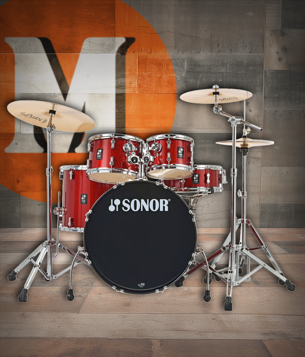 Shop the Sonor AQX Stage Set in Red Moon Sparkle w/ 1000 Series Hardware (AQX STAGE NC RMS) at Musician Madness. Complete setup with punchy tone and great value.