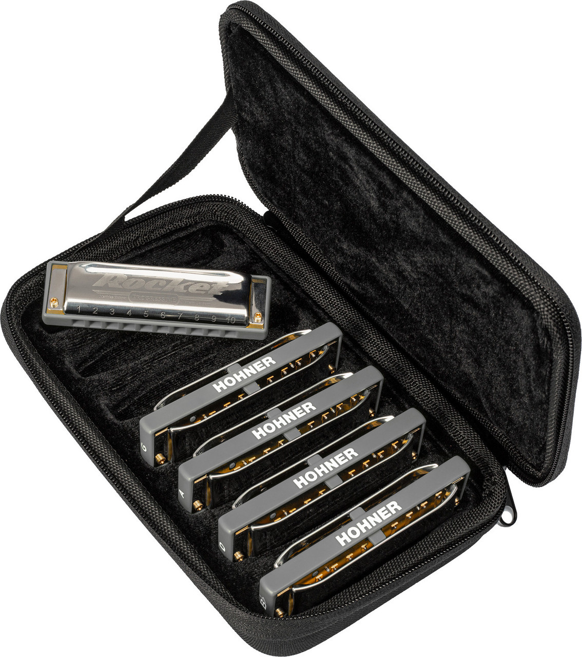 Shop the Hohner Rocket Harmonica Bundle including keys C, G, A, D, and Bb (M20135XP) at Musician Madness. Loud, responsive harmonicas with modern comfort design.