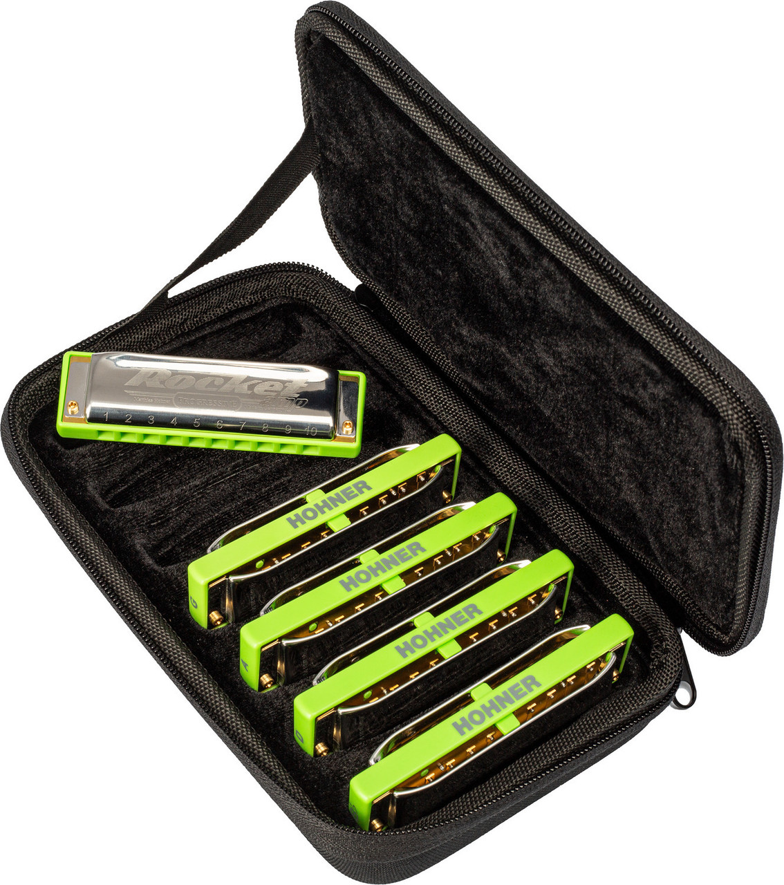 Shop the Hohner Rocket Amp Harmonica Bundle including keys C, G, A, D, and Bb (M20155XP) at Musician Madness. Powerful, airtight design ideal for amplified blues and rock.