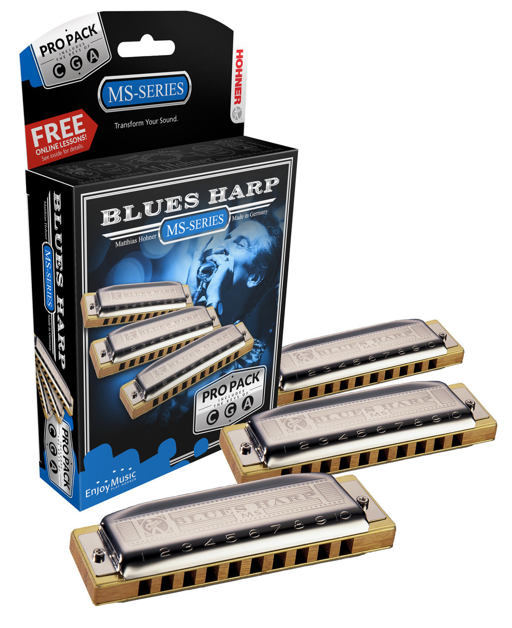 Shop the Hohner Blues Harp 3-Pack Harmonica Set in keys C, G, and A (3P532BX) at Musician Madness. Classic blues tone with durable, road-ready construction.