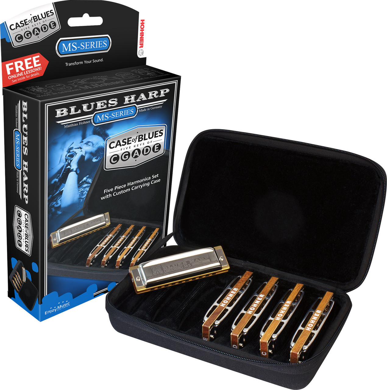 Shop the Hohner Blues Harp Bundle with C-7 Case including keys G, A, C, D, and E (COB) at Musician Madness. Classic blues tone with rugged, road-ready design.