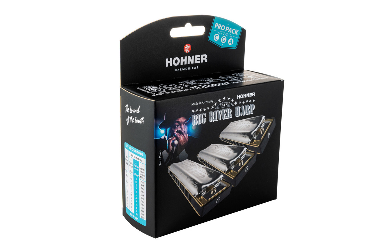 Shop the Hohner Big River Harp 3-Pack Harmonica Set in keys C, G, and A (BGRVR-3PK) at Musician Madness. Powerful tone, durable build, and great value for blues players.
