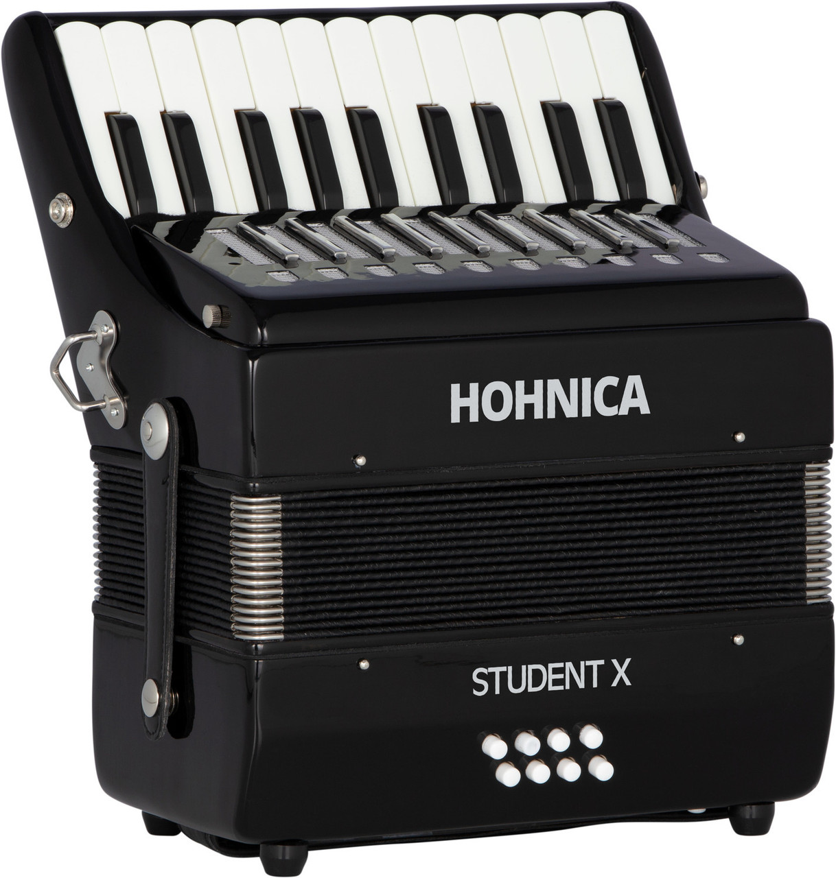 The Hohnica 8 Bass Student X piano accordion in black (STUX) is a great choice for beginners and students. Lightweight, easy to play, available at Musician Madness.