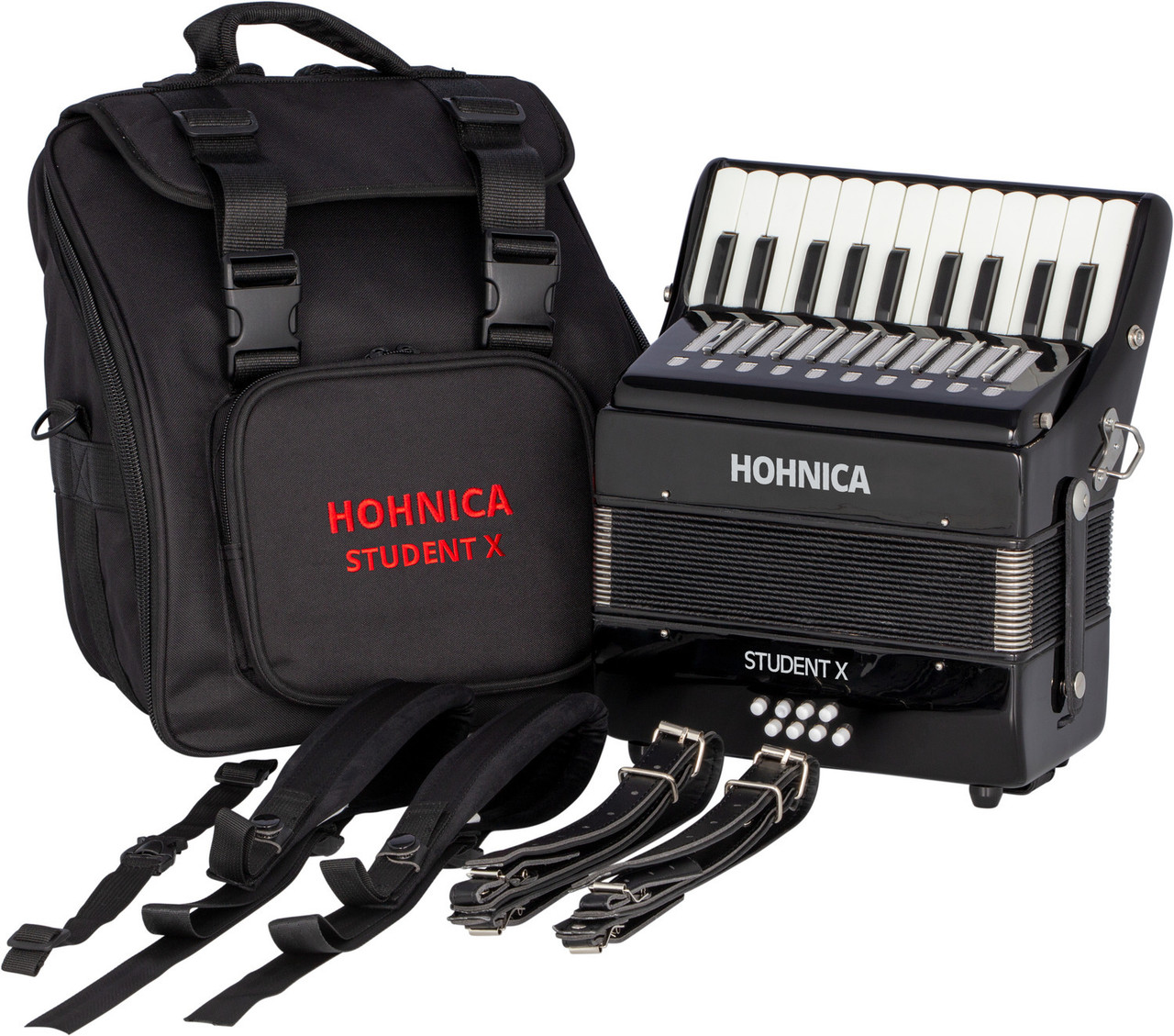 The Hohnica 8 Bass Student X piano accordion in black (STUX) is a great choice for beginners and students. Lightweight, easy to play, available at Musician Madness.