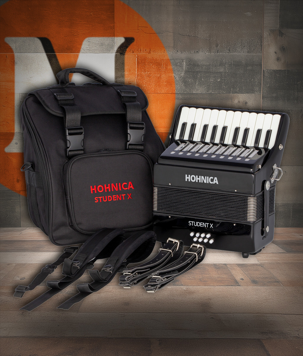 The Hohnica 8 Bass Student X piano accordion in black (STUX) is a great choice for beginners and students. Lightweight, easy to play, available at Musician Madness.