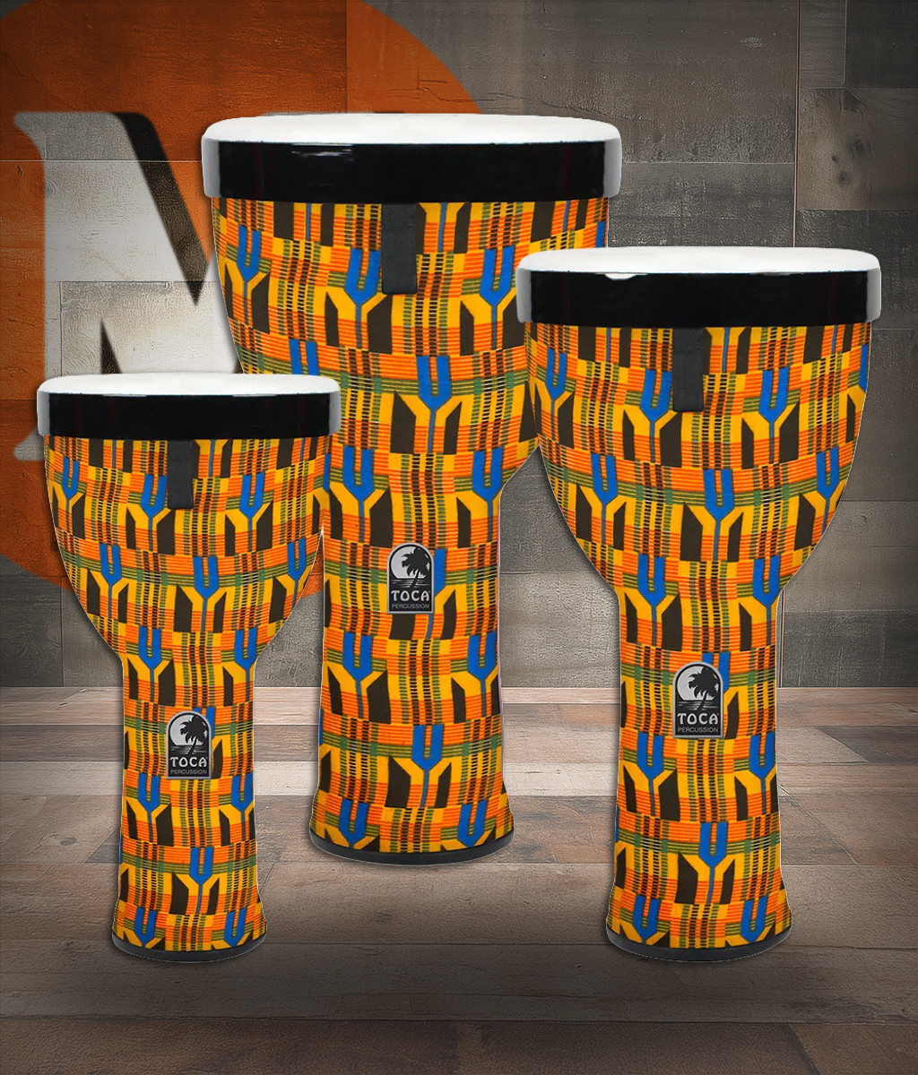 Toca Sympatico Nesting Djembe Set of 3, 8"/10"/12", Pretuned Fiber - Kente Cloth (TSSND-3PCK-FP) | Musician Madness