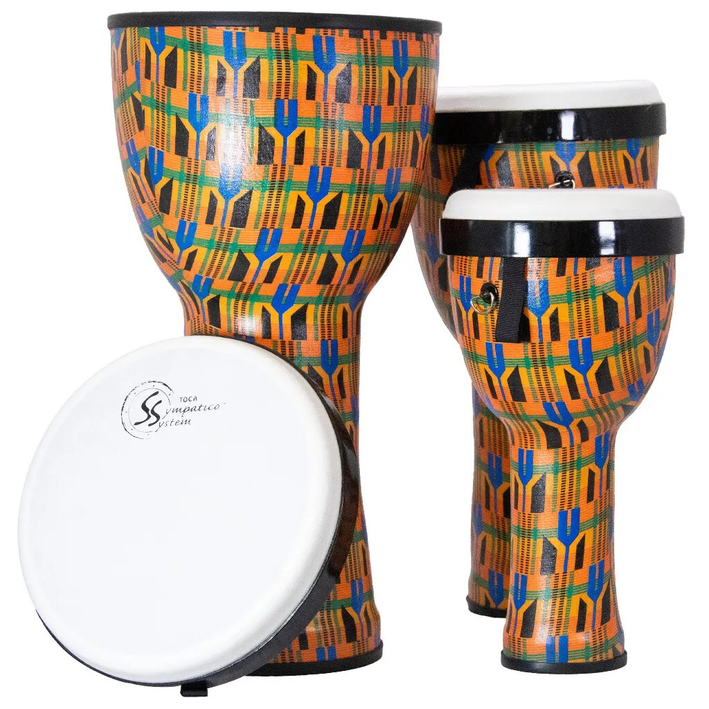Toca Sympatico Nesting Djembe Set of 3, 8"/10"/12", Tunable Fiber - Kente Cloth (TSSND-3PCK-FT) | Musician Madness