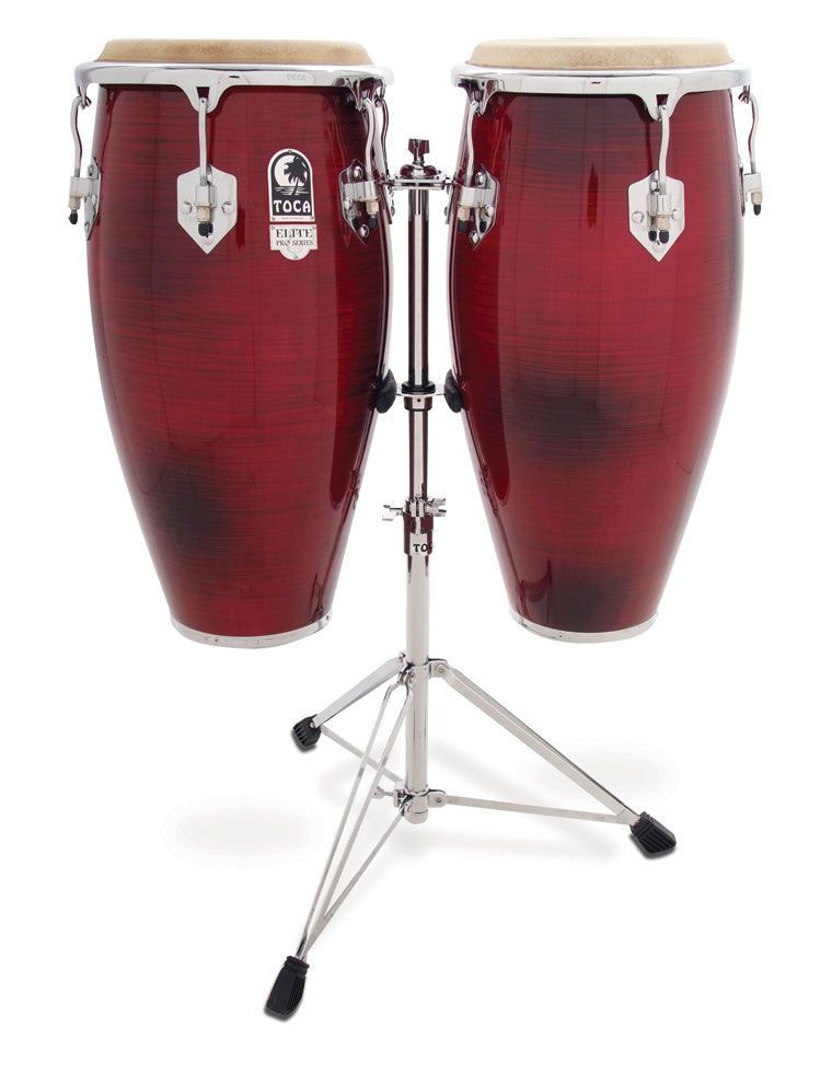 Toca Elite Pro Wood Conga Set, 11"/11-3/4" with Double Stand - Crimson Fade (3100CF) | Musician Madness