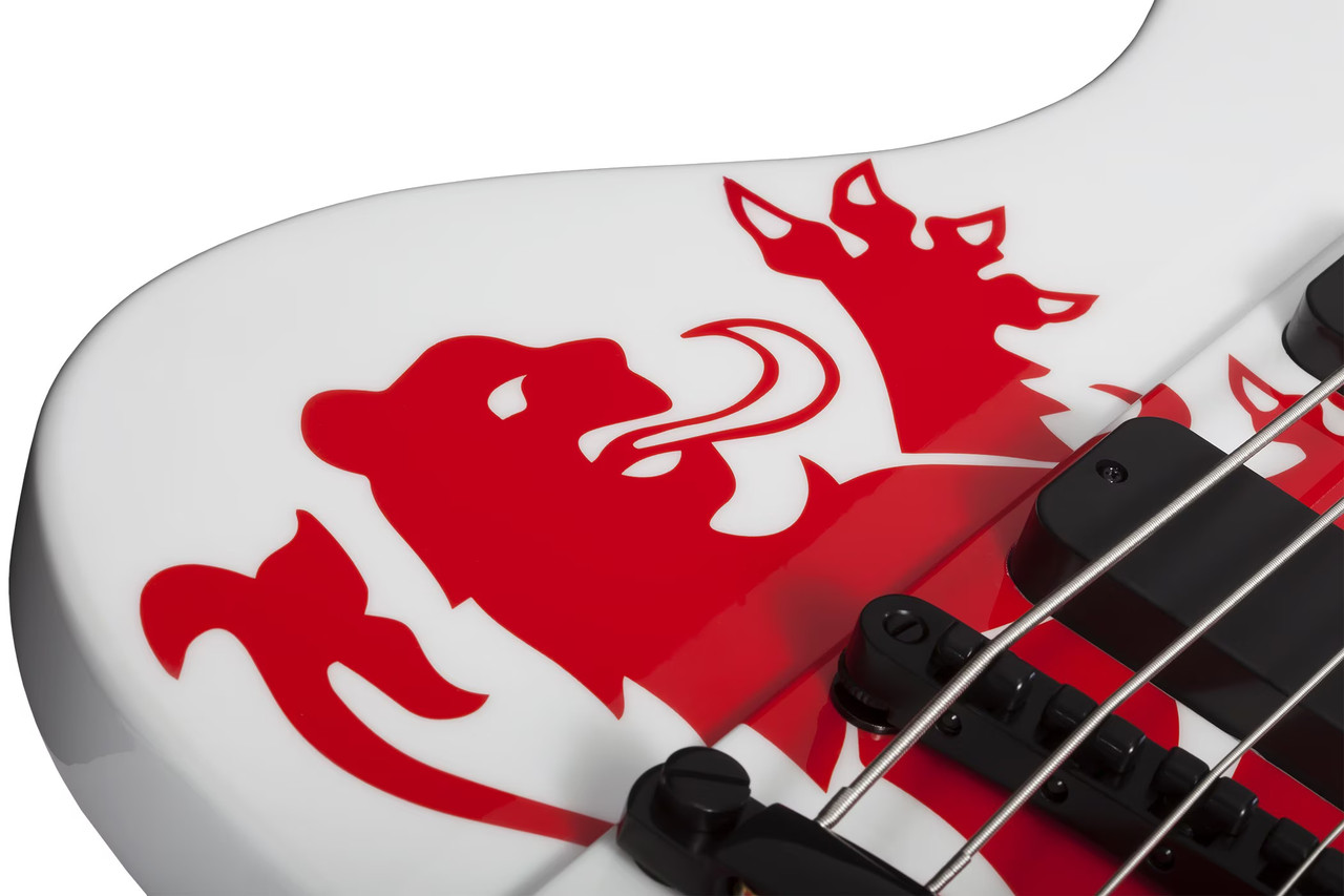 Schecter Simon Gallup Ultra Spitfire Electric Guitar - Gloss White with Red Lion Graphic (2254) | Musician Madness