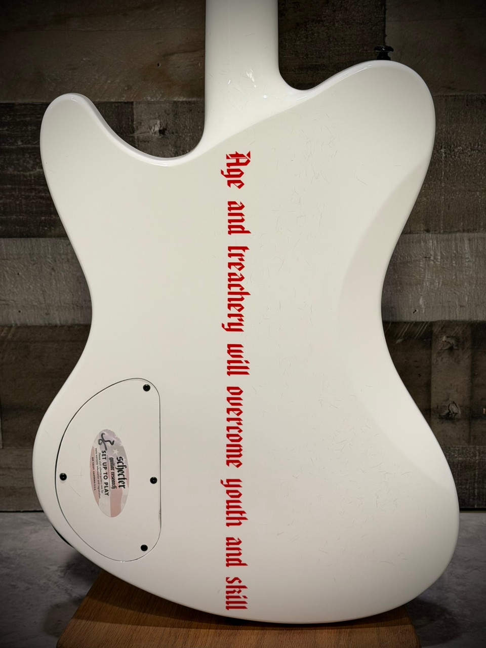 Schecter Simon Gallup Ultra Spitfire Bass Guitar - Gloss White with Red Lion Graphic (2254) | Musician Madness