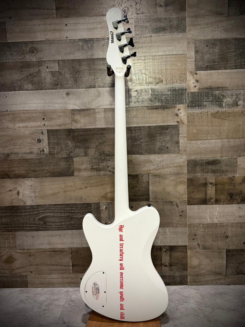 Schecter Simon Gallup Ultra Spitfire Bass Guitar - Gloss White with Red Lion Graphic (2254) | Musician Madness