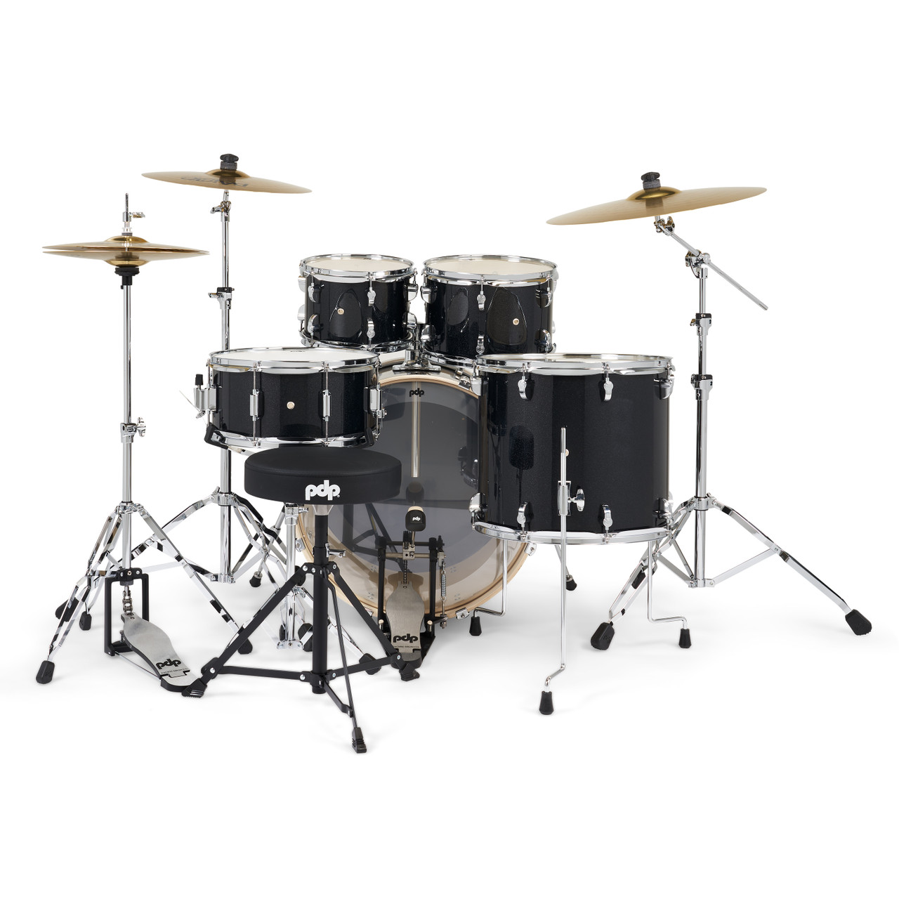 PDP Mainstage 5pc Complete Kit w/HW, Paiste Cymbals, Throne - Black Sparkle (PDMA2215KTBS)