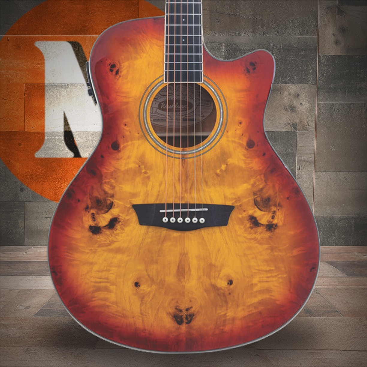 Washburn DFBACEA Deep Forest Burl Grand Auditorium Acoustic Electric Guitar - Amber Fade (DFBACEA-U) | Musician Madness