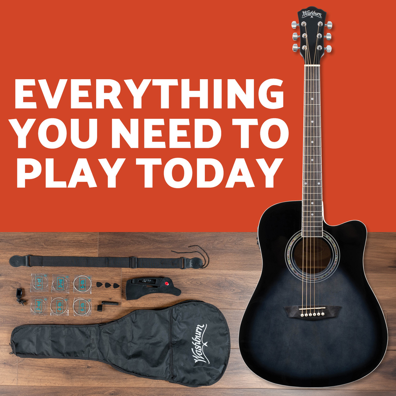 Washburn WA90CETBBPACK Learn & Play Pack Acoustic Electric Guitar Bundle - Transparent Black Burst (WA90CETBBPACK-U) | Musician Madness