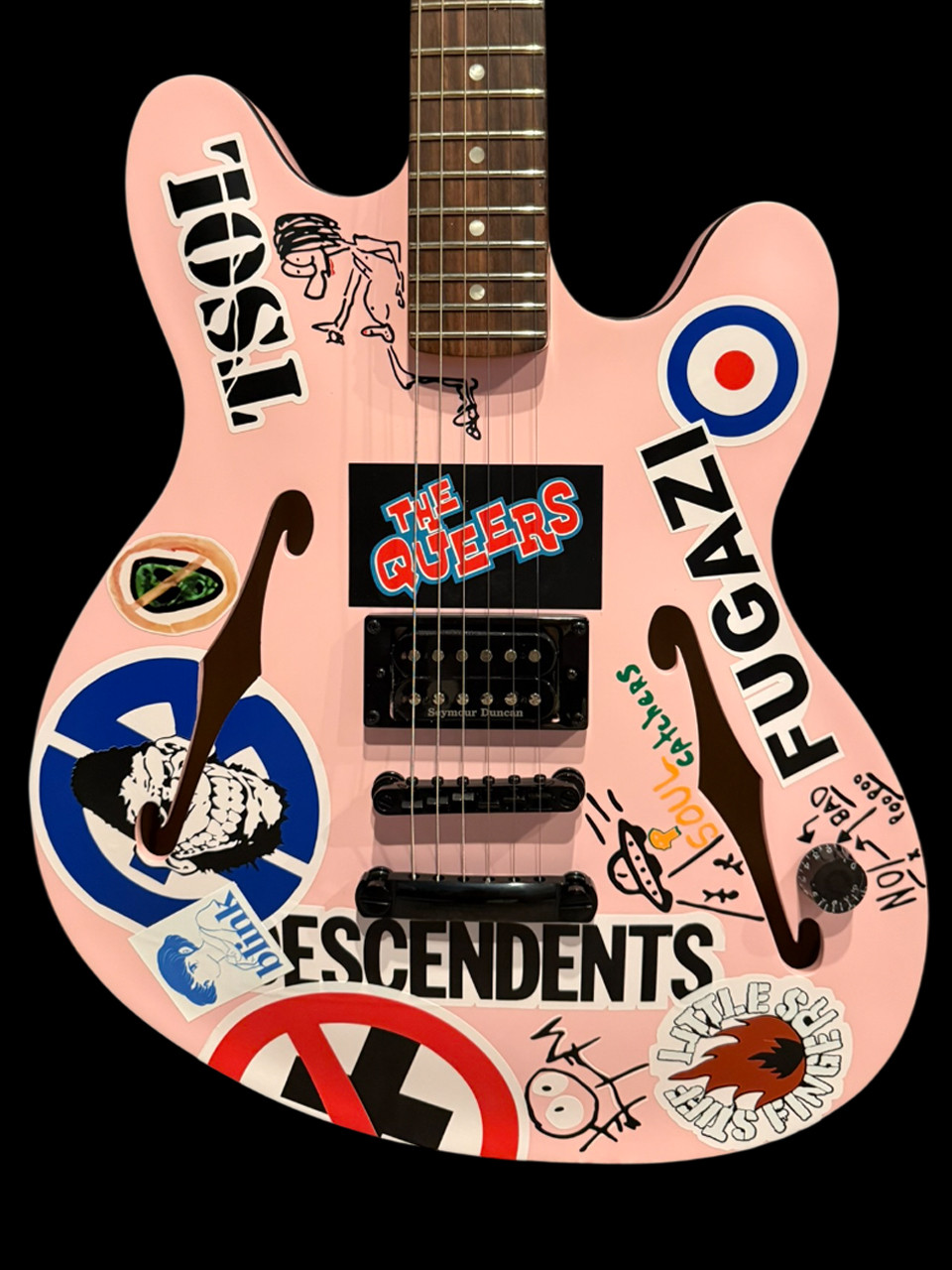 fender, tom delonge starcaster, starcaster electric guitar, satin shell pink guitar, offset electric guitar, punk rock guitar, signature electric guitar, musician madness