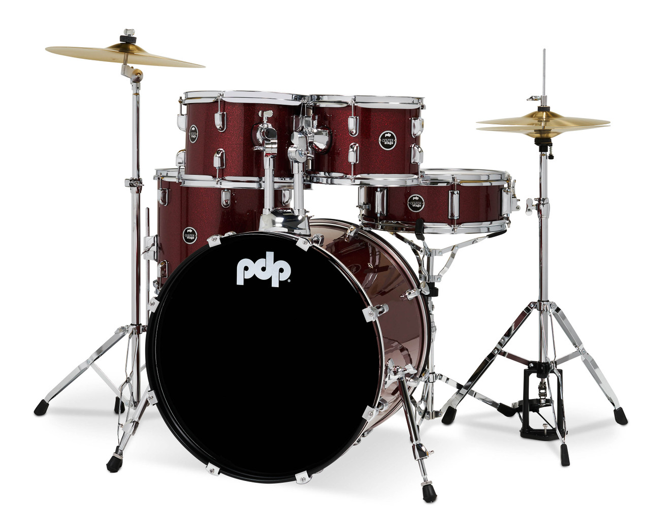 PDP Centerstage 5-Piece Drum Set w/ Hardware, Cymbals & Throne - Ruby Red Sparkle (PDCE2015KTRR)