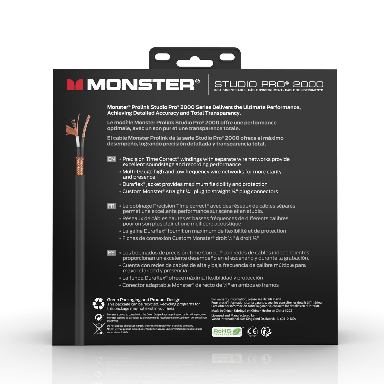 Monster SP2000-I-12AWW Studio Pro 2000 Instrument Cable 12' Right Angle to Straight (SP2000-I-12AWW-U) | Musician Madness