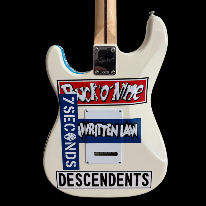 Fender Squier Stratocaster Tom DeLonge Sticker Strat Electric Guitar in Olympic White delivers classic Strat tone with a bold, tour-inspired custom look. Shop at Musician Madness.