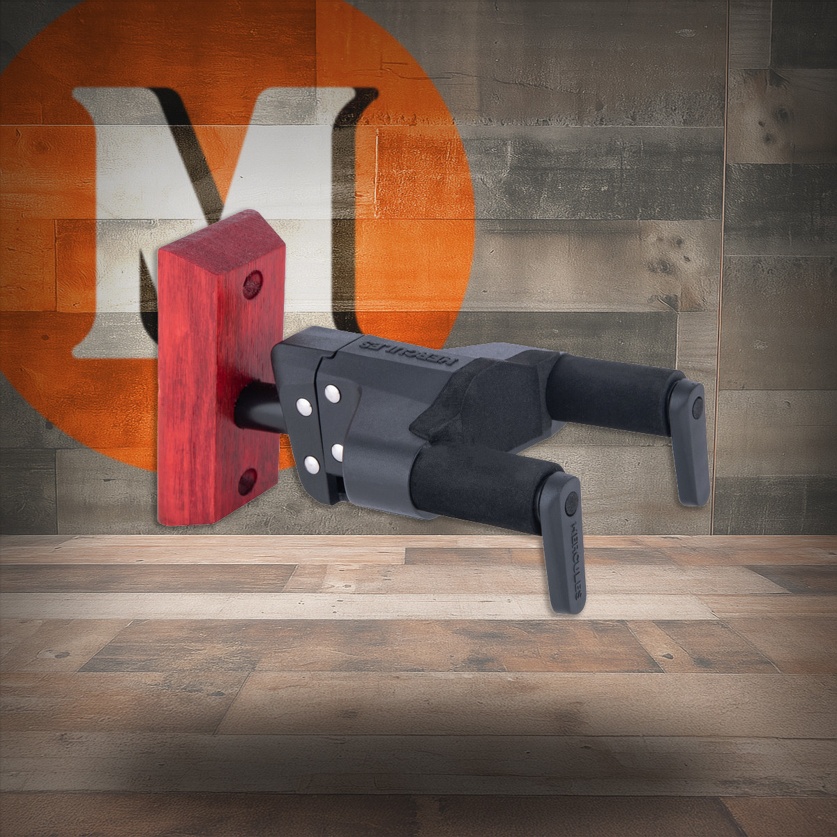 Hercules Auto Grip Universal Guitar Hanger for Wall Mounting w/ Burgundy Red Wood Base, Short Arm (GSP38WBRPLUS)