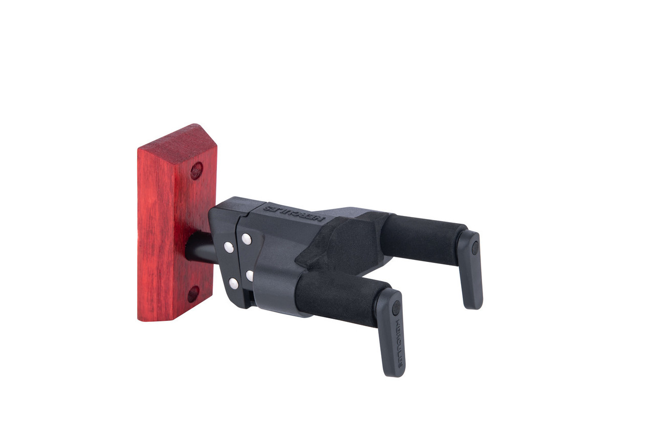 Hercules Auto Grip Universal Guitar Hanger for Wall Mounting w/ Burgundy Red Wood Base Short Arm (GSP38WBRPLUS) | Musician Madness