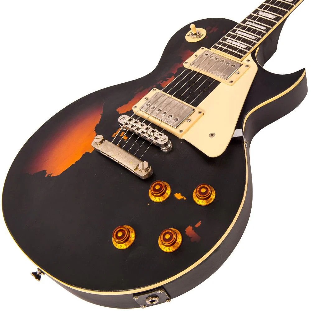 Vintage V100 ICON Electric Guitar ~ Distressed Black Over Sunburst (V100MRBK) | Musician Madness