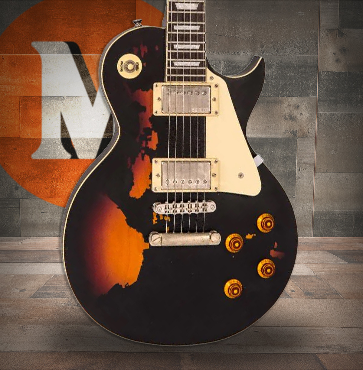 Vintage V100 ICON Electric Guitar ~ Distressed Black Over Sunburst (V100MRBK)