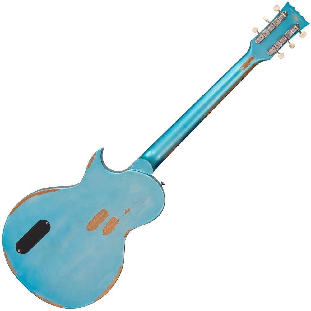 Vintage V120 ICON Electric Guitar ~ Distressed Gun Hill Blue Over Sunburst (V120MRGHB) | Musician Madness
