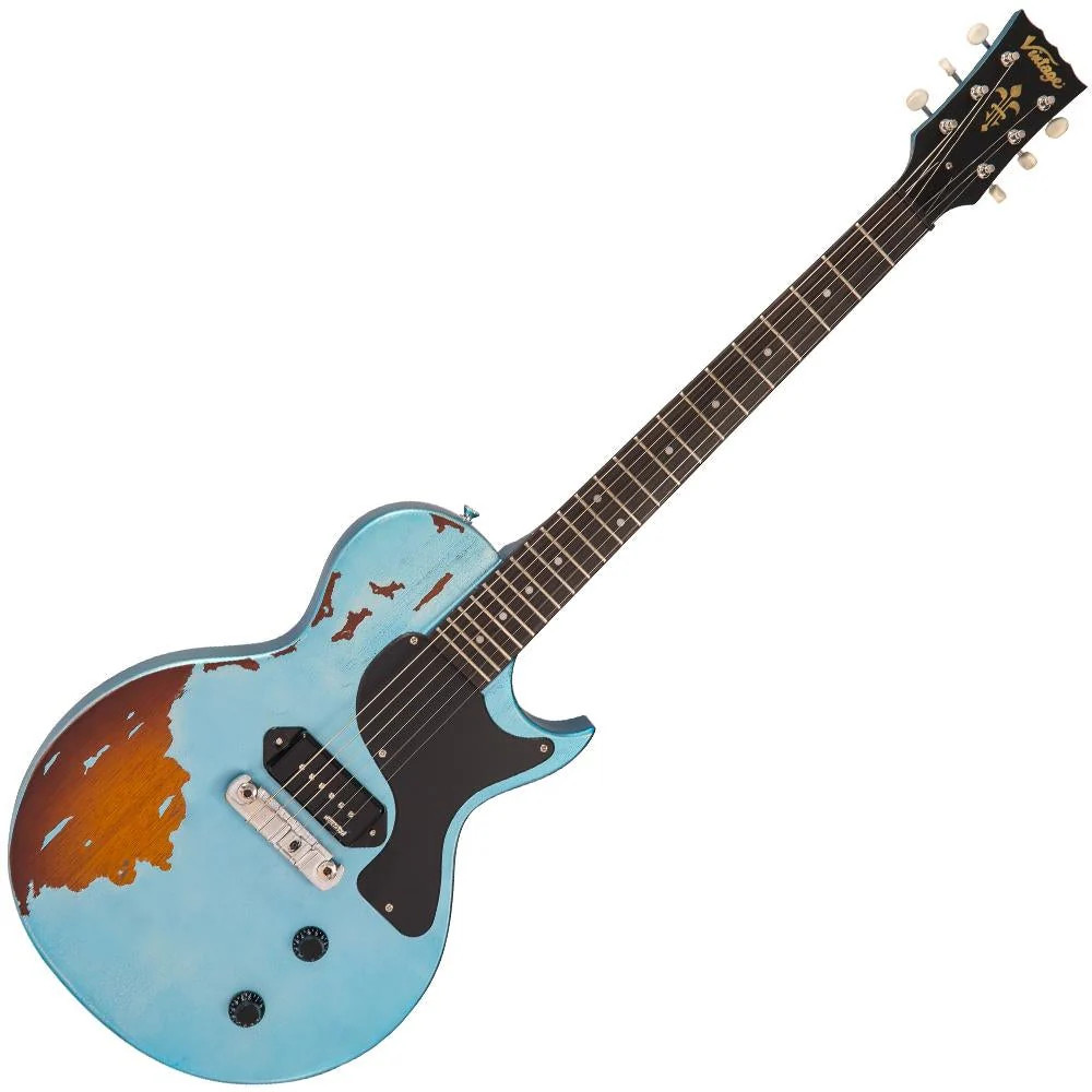 Vintage V120 ICON Electric Guitar ~ Distressed Gun Hill Blue Over Sunburst (V120MRGHB) | Musician Madness