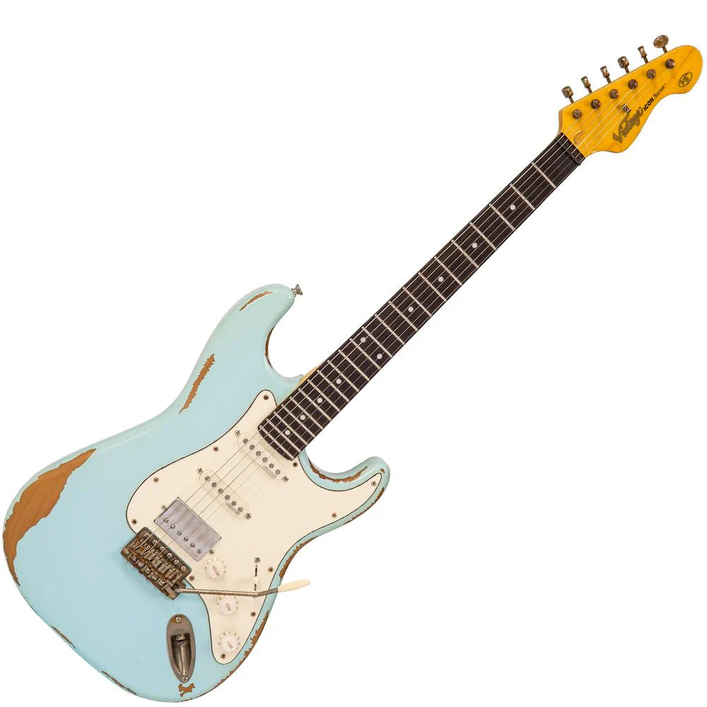 Vintage V6H ICON HSS Electric Guitar - Ultra-Gloss Distressed Laguna Blue (V6HMRLB) | Musician Madness