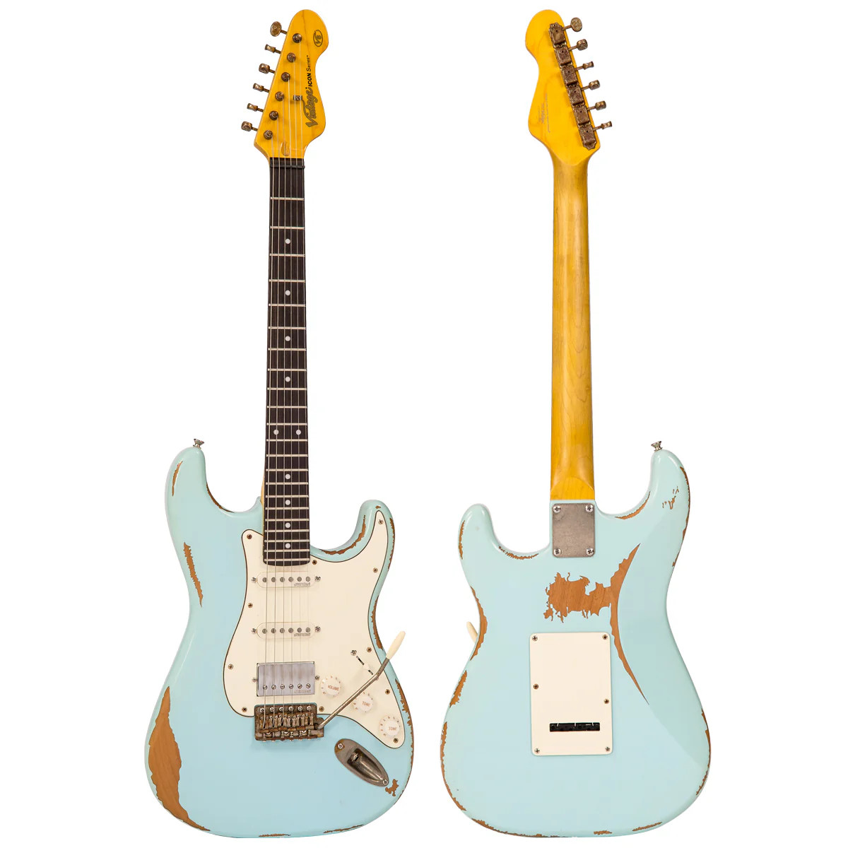 Vintage V6H ICON HSS Electric Guitar - Ultra-Gloss Distressed Laguna Blue (V6HMRLB)