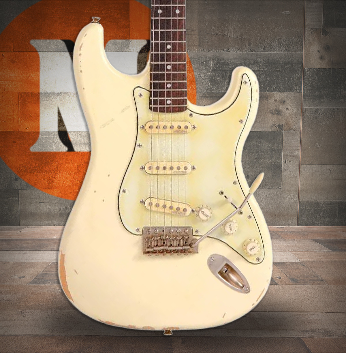 Vintage V6 Thomas Blug Signature Electric Guitar - Distressed Vintage White (V6MRTBG)