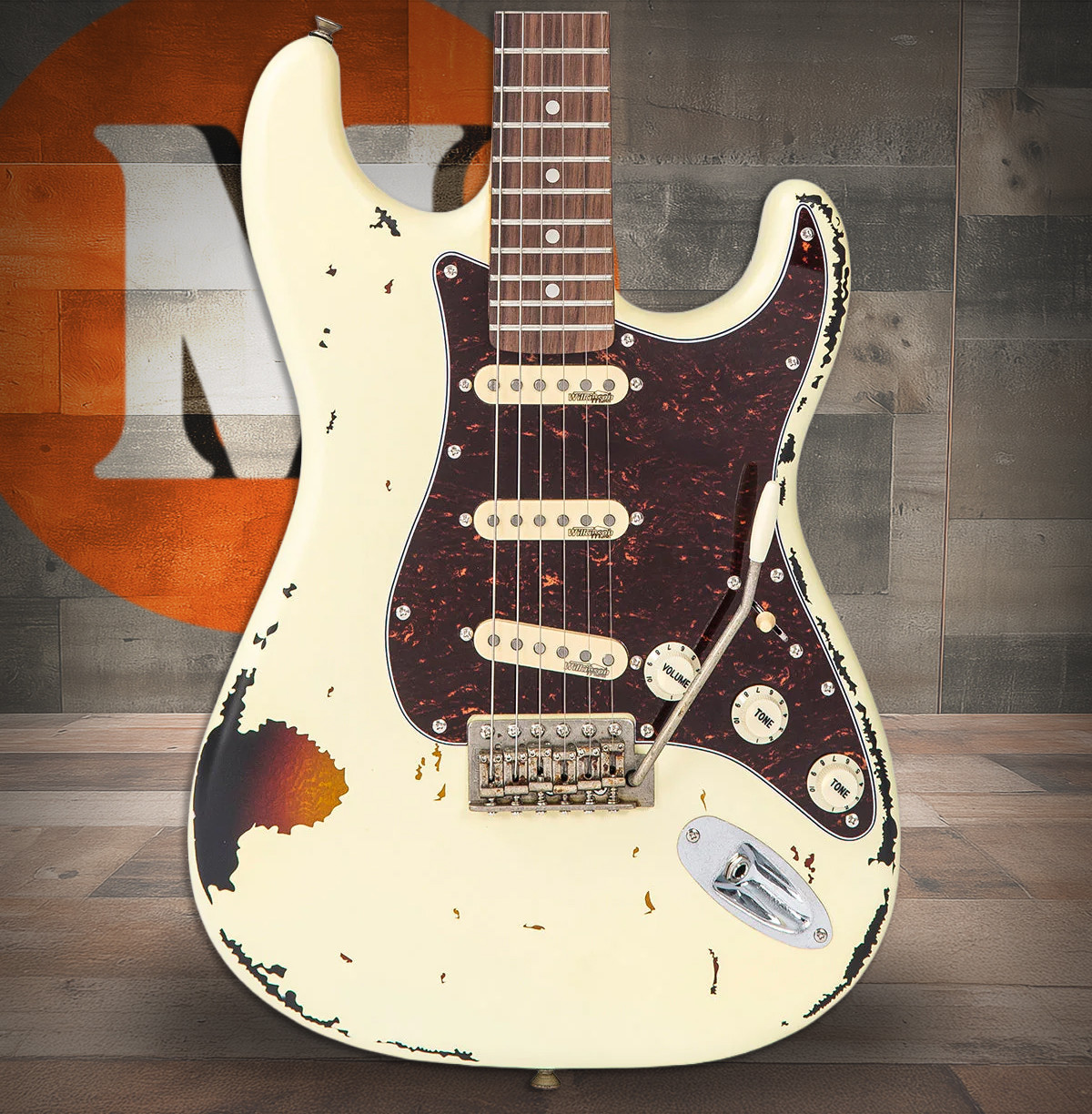 Vintage V6 ICON Electric Guitar - Distressed White Over Sunburst (V6MRVW)
