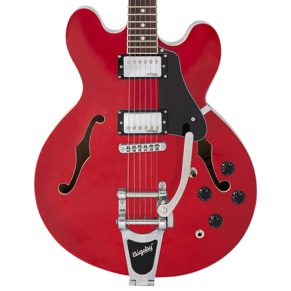 Vintage VSA500B ReIssued Semi Acoustic Guitar w/Bigsby - Cherry Red (VSA500BCR) | Musician Madness