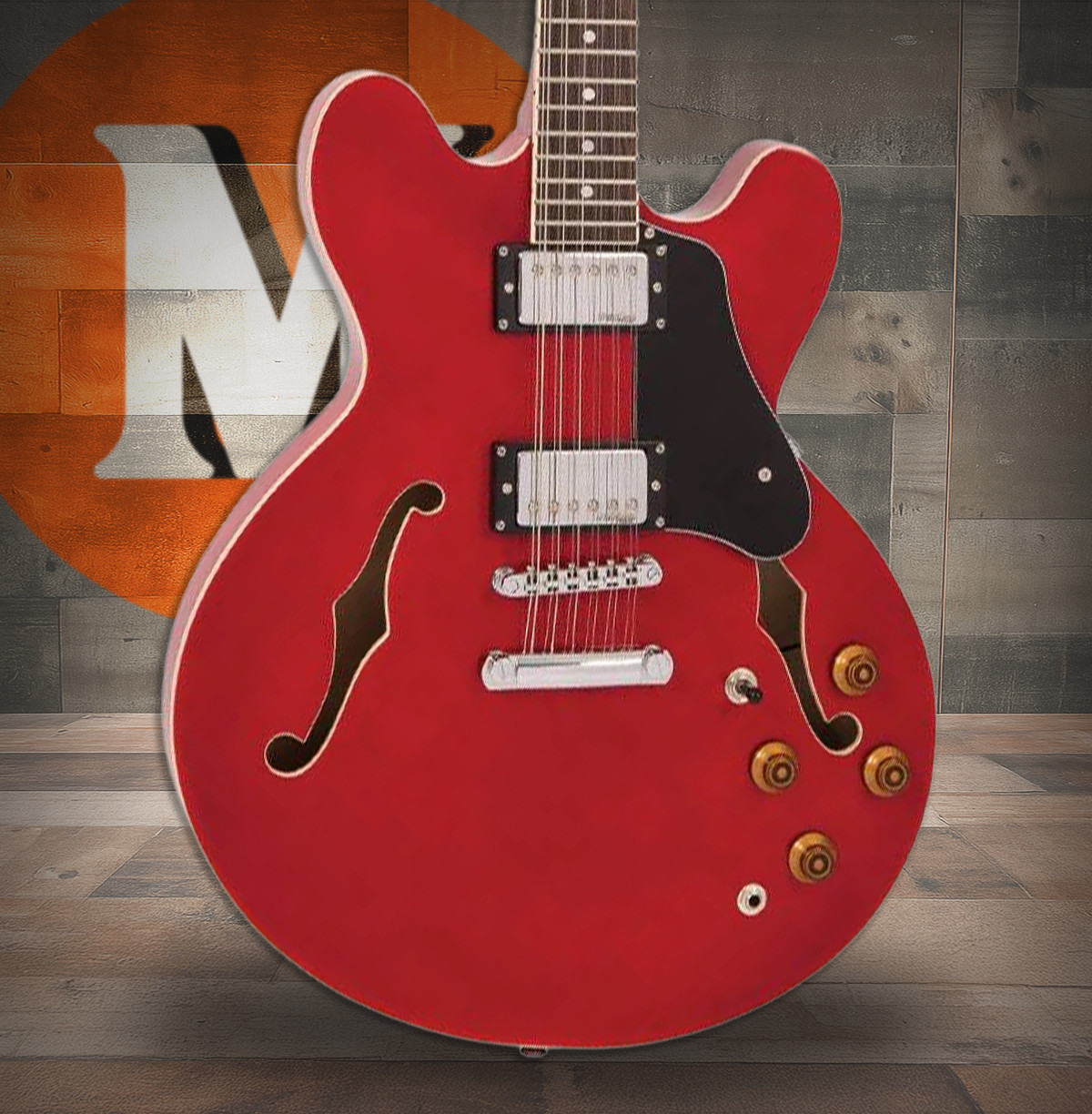 Vintage VSA500 ReIssued 12 String Semi Acoustic Guitar ~ Cherry Red (VSA500CR-12)