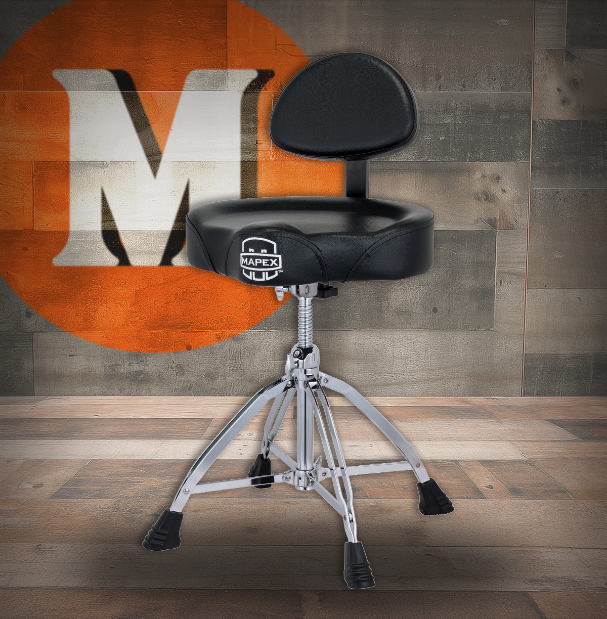 Mapex T875 Double Braced 4-Leg Blk Leather Saddle Cushion Throne W/Backrest (T875) | Musician Madness
